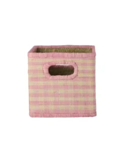 Raffia Square Basket in Pink Checks with Handle Opening - Small