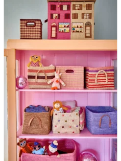 Raffia Square Basket in Pink Checks with Handle Opening - Large