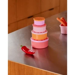Set Of 4 Runda Matlådor Av Plast Heart Print